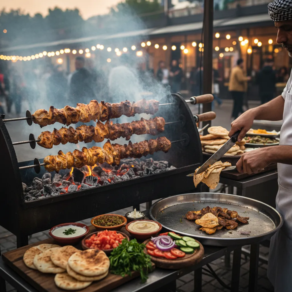 Libanesische Mezze-Tafel mit Hummus, Falafel und Grillspezialitäten